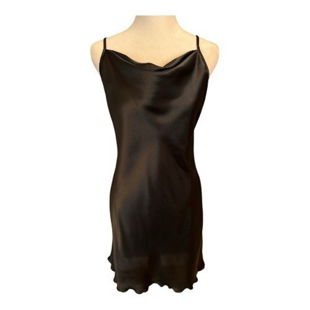 BEBE Black Satin‎ Cowl Neck Slip Mini Dress Women’s Large Y2K New - Picture 2 of 13